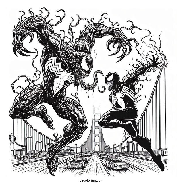 Venom Vs Carnage Coloring Page Fighting On Golden Gate Bridge