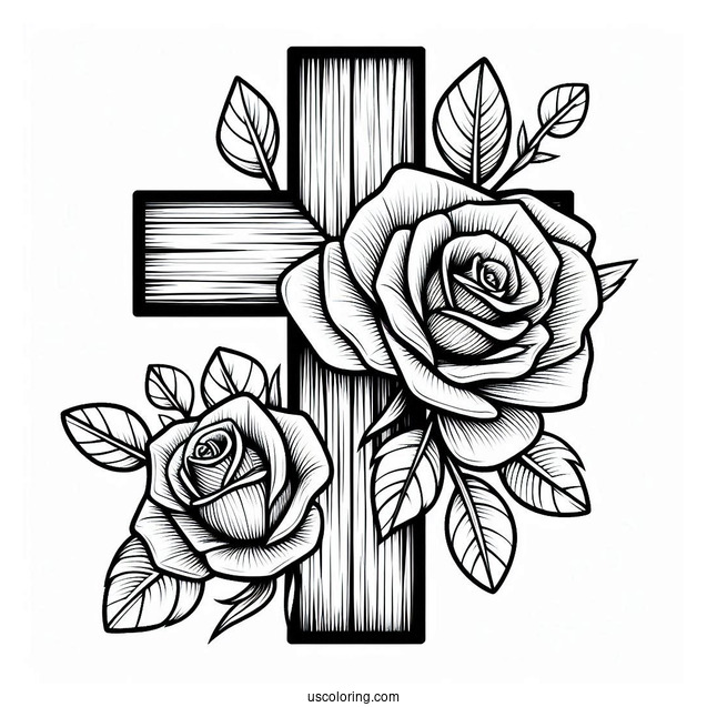 Wooden Cross With Roses To Color