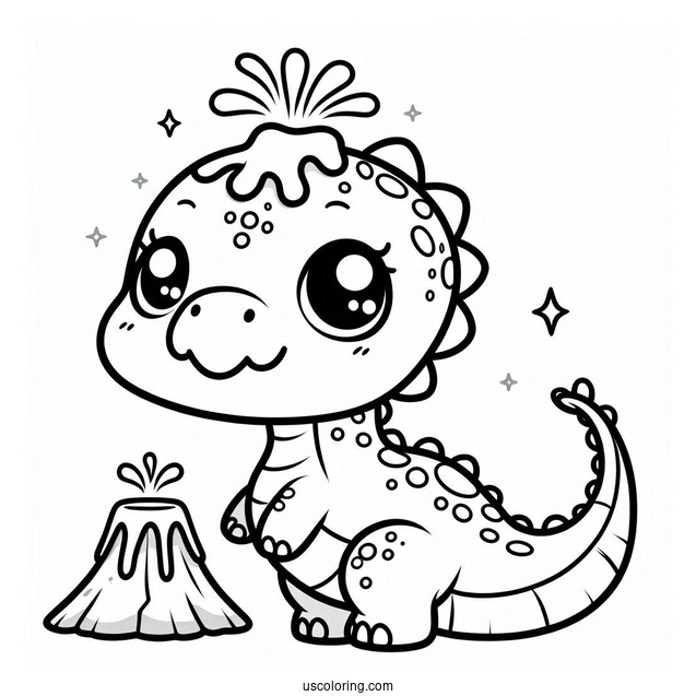 Kawaii Parasaurolophus Coloring Page With Volcano For Preschoolers