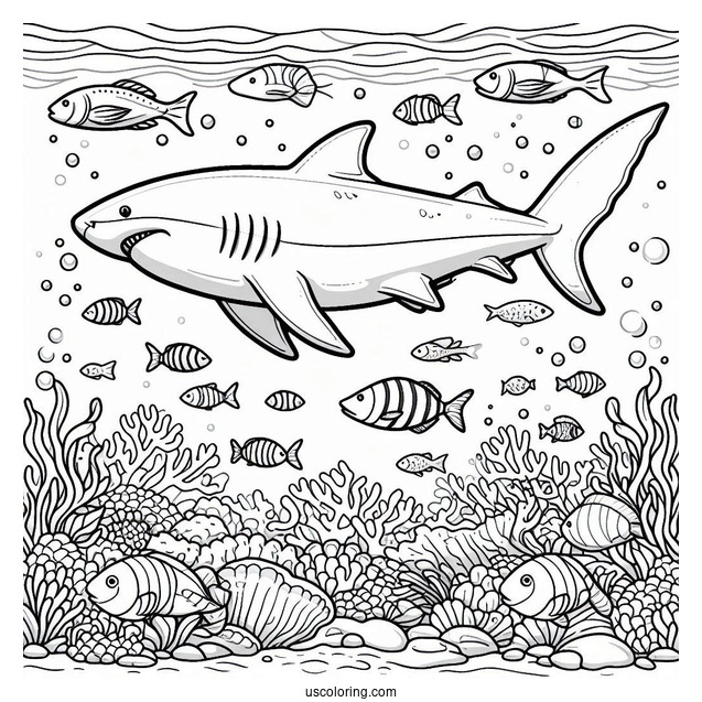 Sharks Coloring Page And Fish Beneath The Water Surface