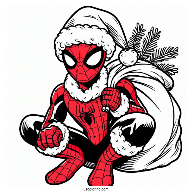 Christmas Spider-Man With Santa Sack To Color