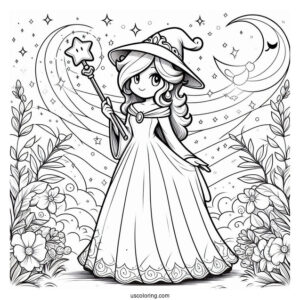 Rosalina Coloring Page Wearing Long Gown And Holding Wand With Luma
