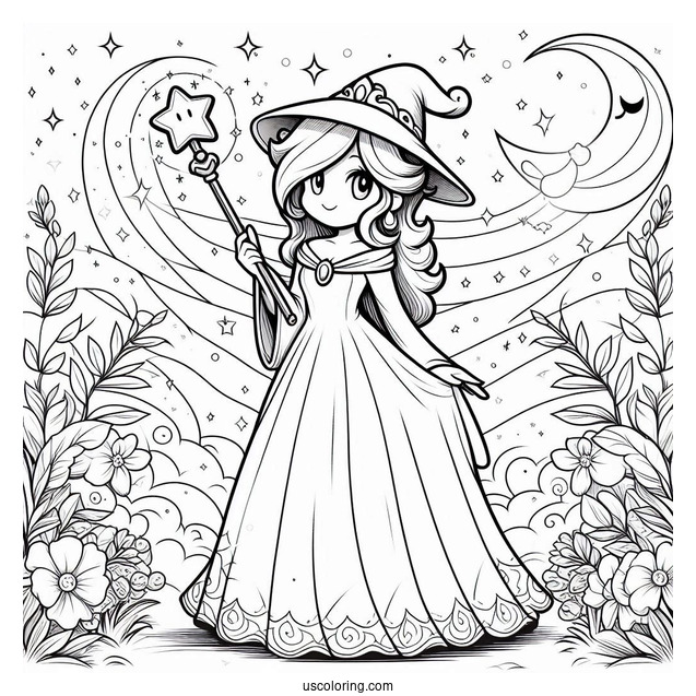 Rosalina Coloring Page Wearing Long Gown And Holding Wand With Luma