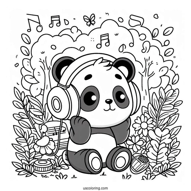 Cool Panda Coloring Page Listening to Music with Headphones in the Garden