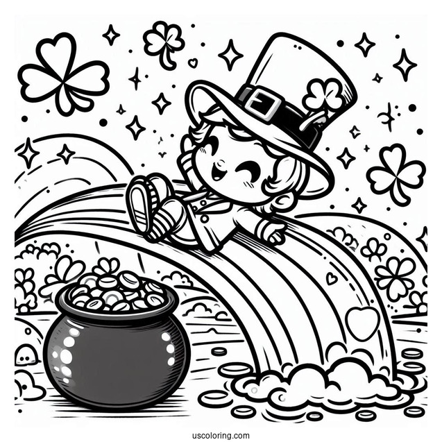 St. Patrick's Day Coloring Page Of Chibi Leprechaun Sliding Down A Rainbow To A Pot Of Gold