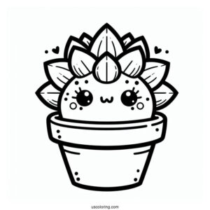 Kawaii Succulent Coloring Page In A Pot For Preschoolers