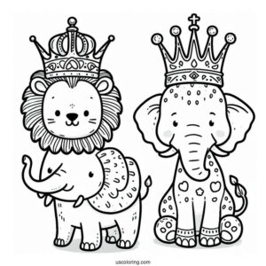 Jungle Animal Crown Coloring Page with Lion, Elephant, and Leopard For Preschoolers