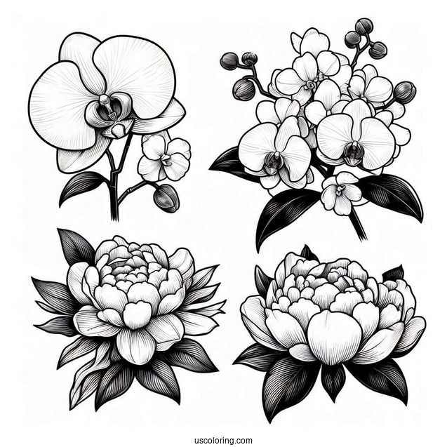Flower Coloring Pages Of Classic White Peony, Orchid, Hydrangea, And Magnolia
