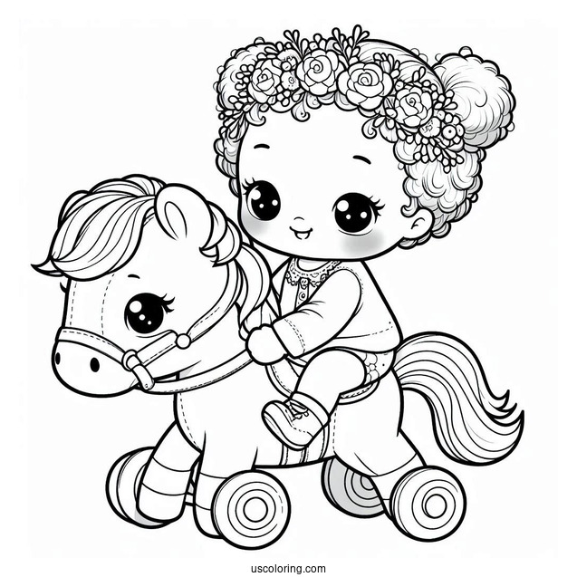 Kawaii Baby Coloring Page Riding A Toy Horse