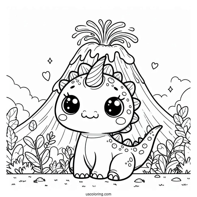 Kawaii Parasaurolophus Coloring Page With Volcano For Preschoolers