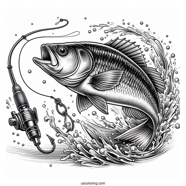 Realistic Fish Chasing The Bait On Fishing Coloring Page Rod