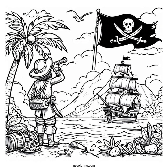 Pirate Coloring Page Surveying An island
