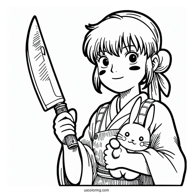 Studio Ghibli Coloring Page of San Holding Knife With Moro
