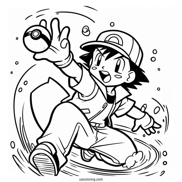 Ash Ketchum Throwing Pokeball Coloring Page For Kids