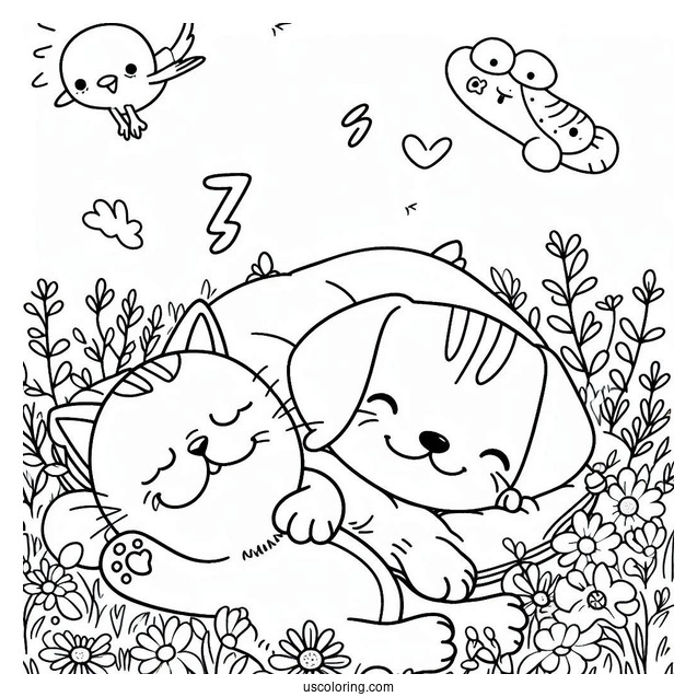 Smiling Critters Coloring Page Of CatNap And DogDay With Arms Hooked On A Field