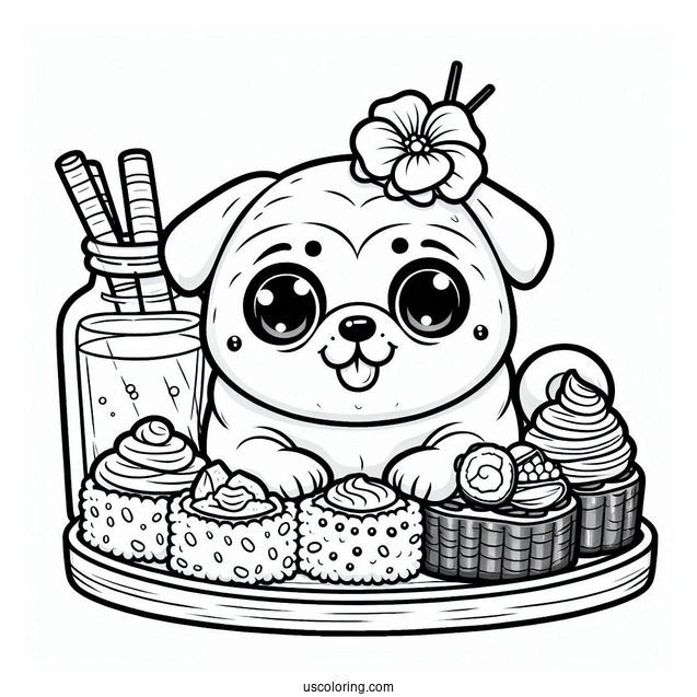 Kawaii Pug Coloring Page and Sushi Platter