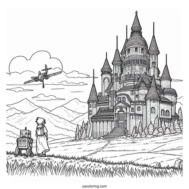 Studio Ghibli Coloring Page of Castle In The Sky Sheeta And Pazu With Robot