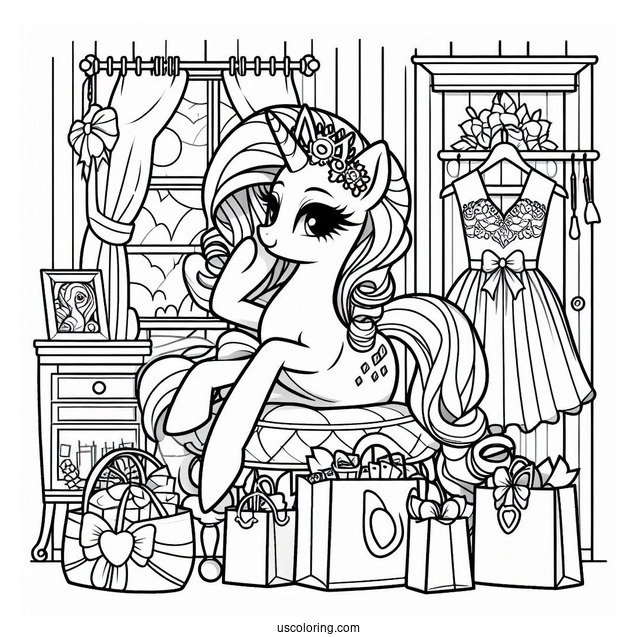 Elegant Rarity Coloring Page In Her Room With Shopping Bags