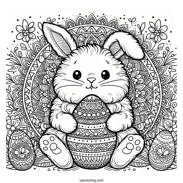 Furry Bunny Holding An Easter Coloring Page Of Egg With Mandala Pattern