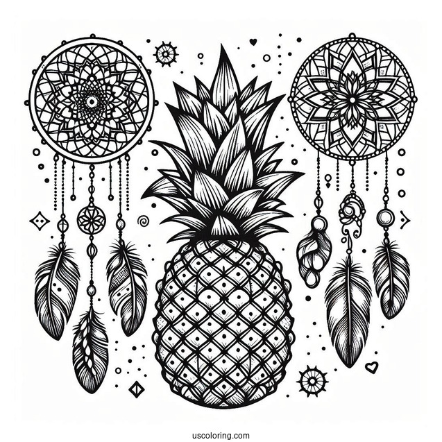 Pineapple Coloring Page Dreamcatcher With Mandala and Coconuts