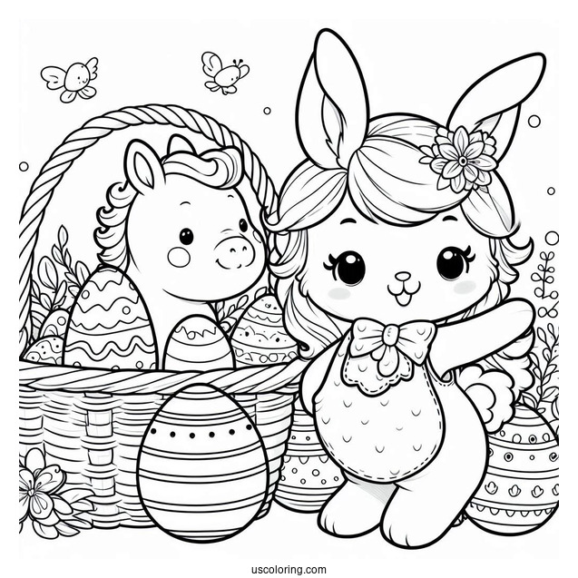 Easter Bunny With A Basket Of Easter Coloring Page Of Eggs Next To A Pony For Kids