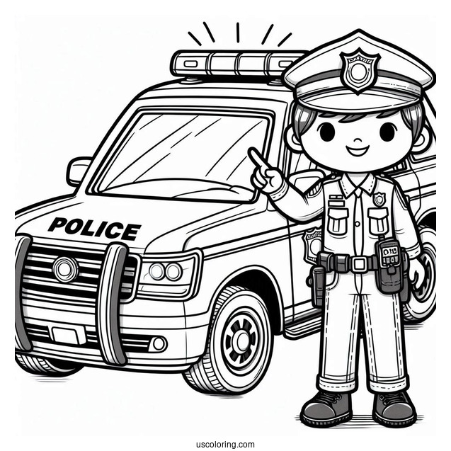 Cartoon Police Officer Next To His Police Car Coloring Page