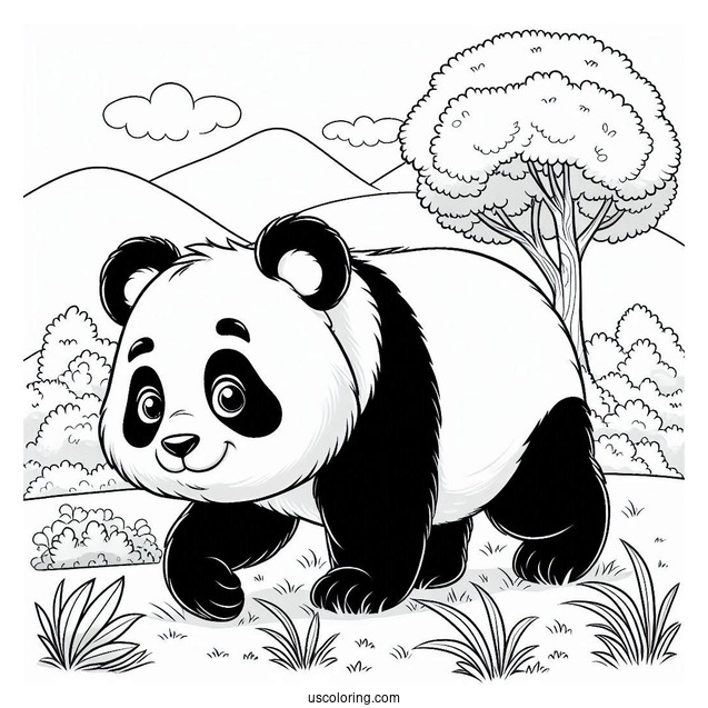 Giant Panda Walking On Grass To Color