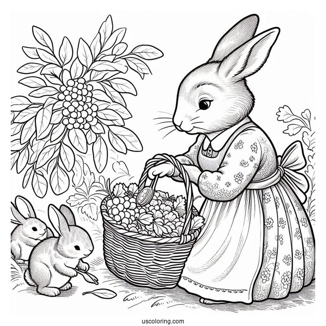 Mrs. Rabbit Harvesting With Peter Rabbit Coloring Page