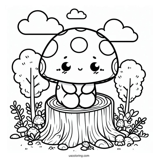 Kawaii Mushroom Coloring Page Sitting On A Tree Stump For Kids