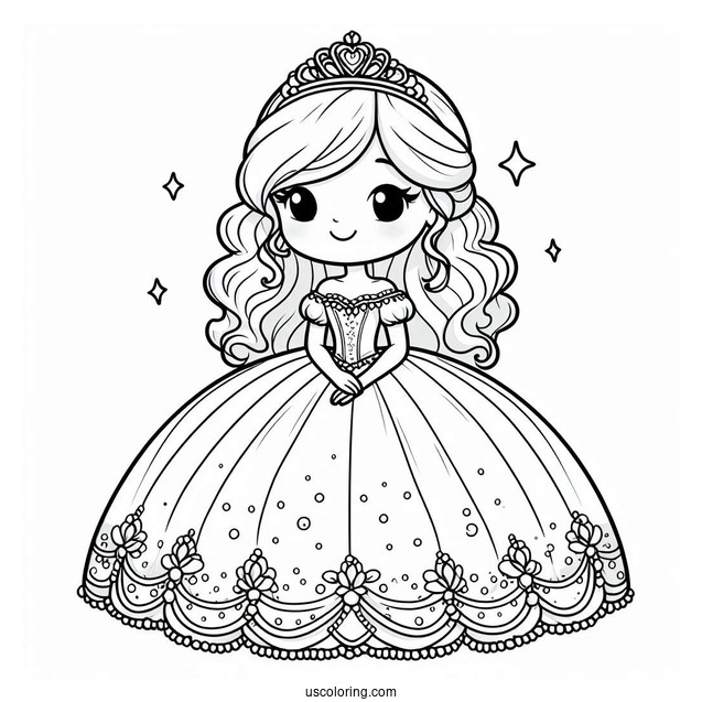 Cartoon Princess Coloring Page In Ball Gown