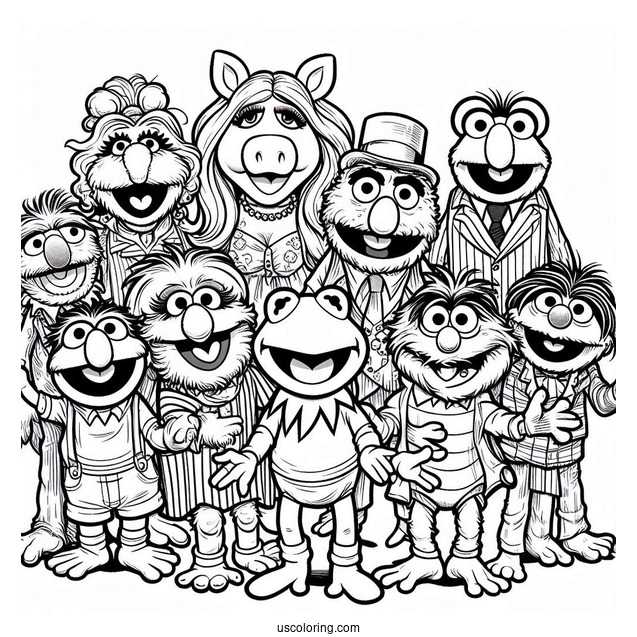Muppets Coloring Page Of Babies Kermit, Miss Piggy, Fozzie, Gonzo, Animal, Rowlf, And Beaker