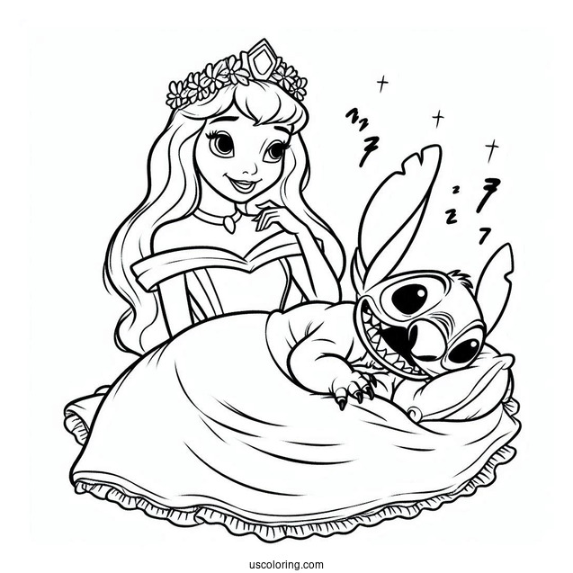 Sleeping Beauty Coloring Page Of Funny Stitch Scaring Princess Aurora