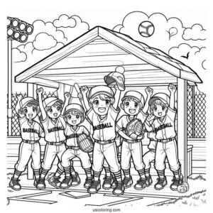 Easy Baseball Coloring Page Of Team Celebrating in Dugout For Kids