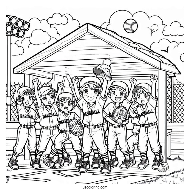 Easy Baseball Coloring Page Of Team Celebrating in Dugout For Kids