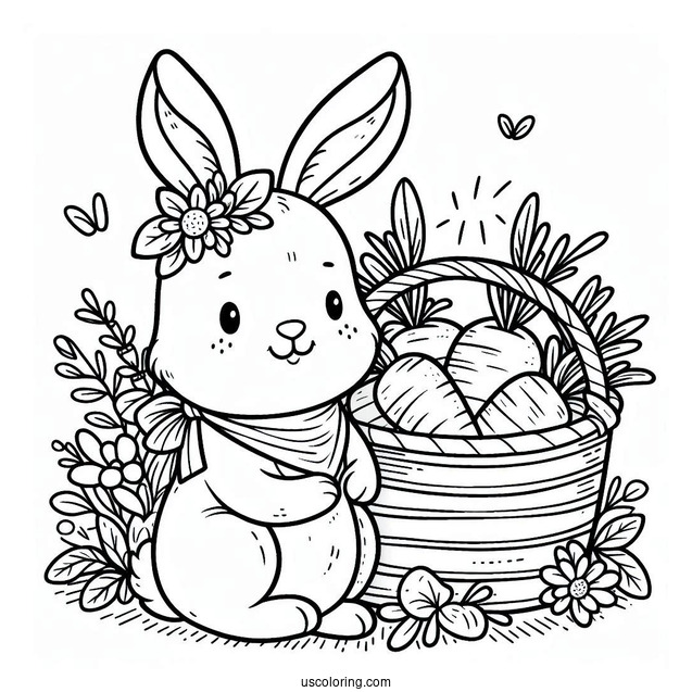 Lovely Easter Coloring Page Of Bunny With A Basket Of Carrots