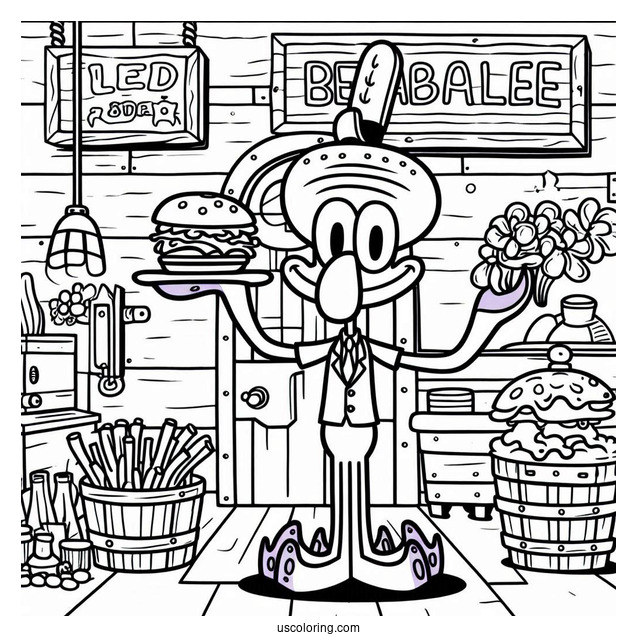 Squidward Coloring Page In The Krusty Krab Kitchen