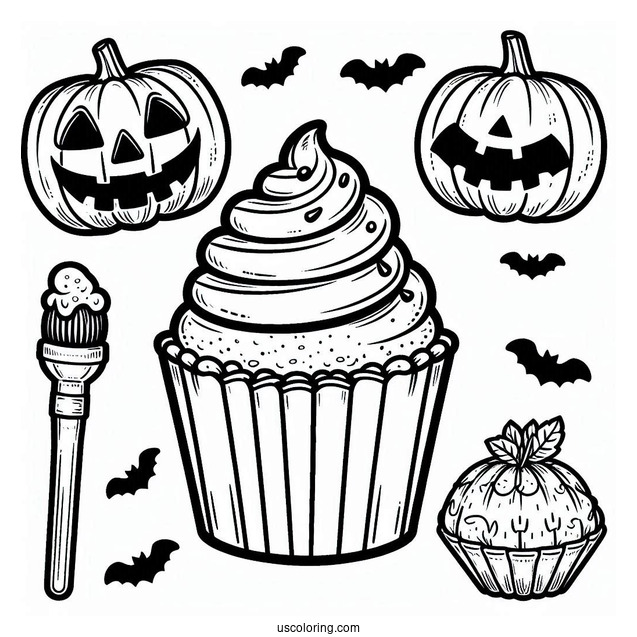 Coloring Page Of Halloween Cupcake With Jack O Lantern