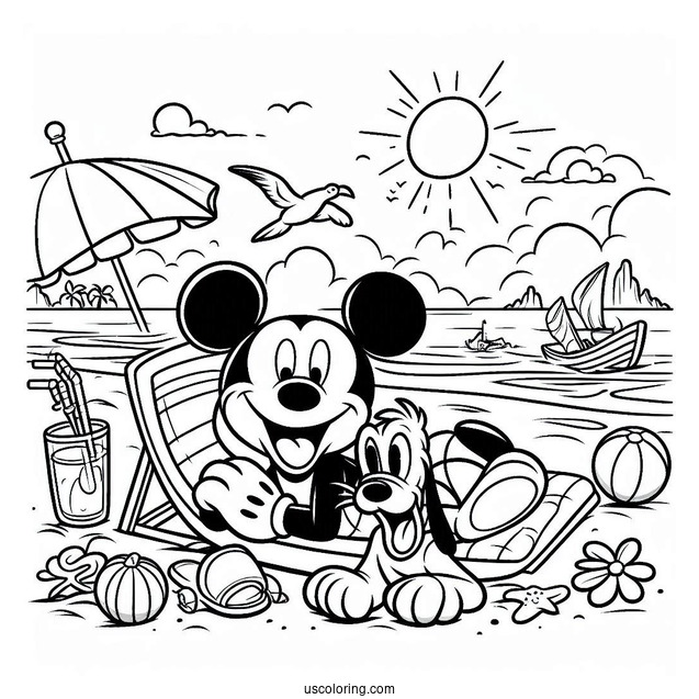 Mickey Mouse And Pluto Lounging At The Beach Coloring Page
