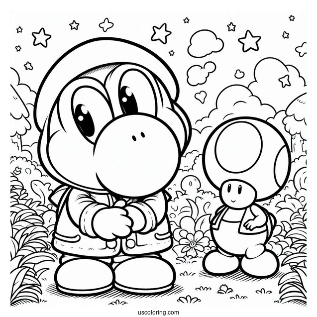 Yoshi And Shy Guy Coloring Page With Toads In The Background