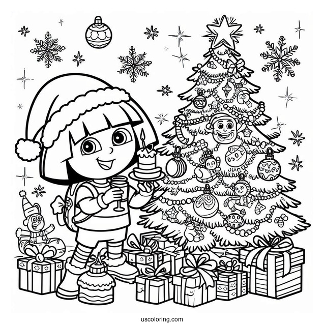 Christmas Themed Dora Coloring Page