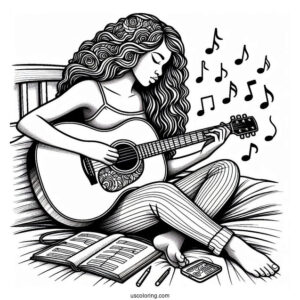 Music Coloring Page Of Woman Playing Acoustic Guitar On Bed