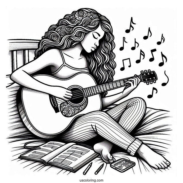 Music Coloring Page Of Woman Playing Acoustic Guitar On Bed