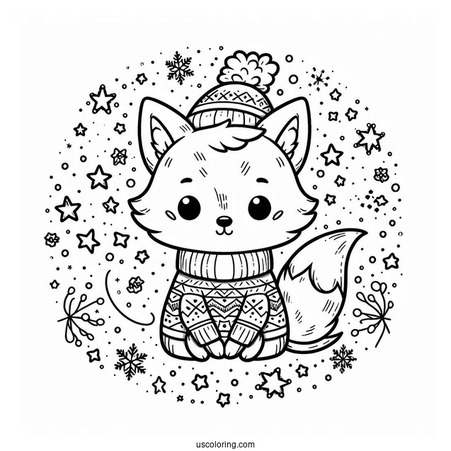 Kawaii Fox Coloring Page In A Snowflake Sweater Surrounded By Stars