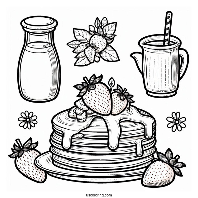 Fluffy Pancake Coloring Page With Strawberry, Blueberry, And Syrup For Kids