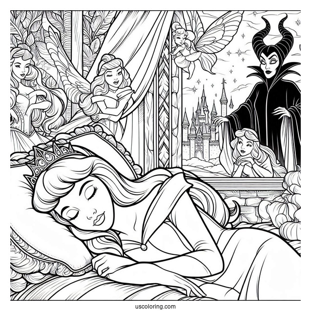 Sleeping Beauty Coloring Page Of Princess Aurora Deep Asleep Outside The Castle With Maleficent And The Fairies Watching