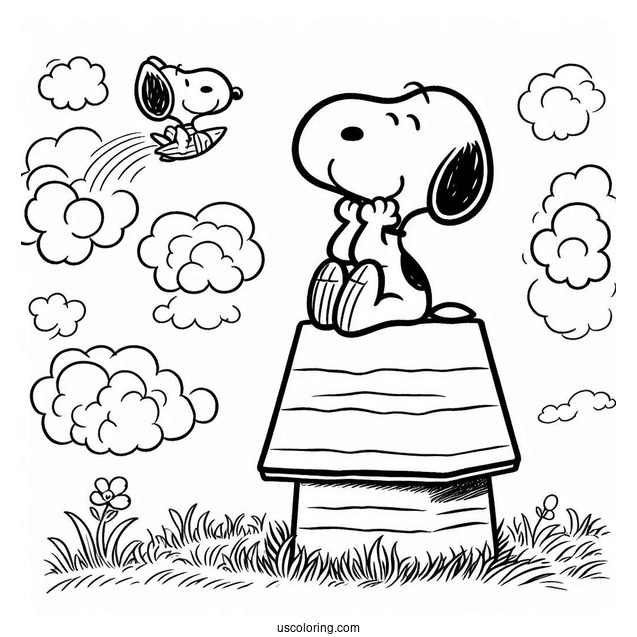 Snoopy Sitting On Dog House Imagining He Is Flying