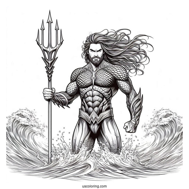 Realistic Aquaman Coloring Page With Trident And Water In The Back