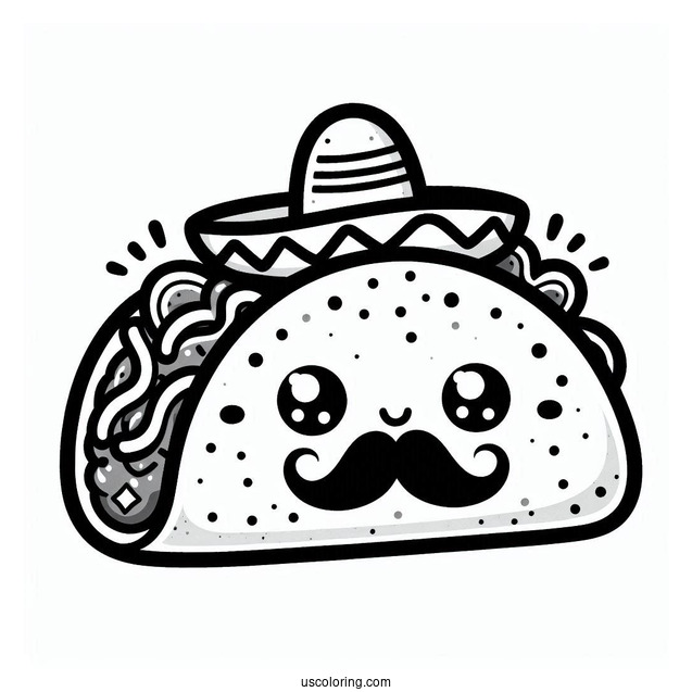 Kawaii Mexican Taco Coloring Page With Mustache