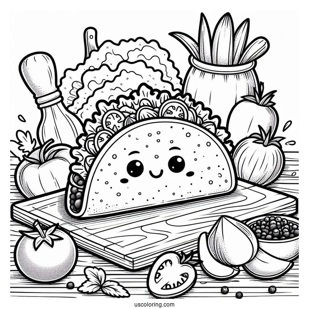 Cute Taco On A Chopping Board Surrounded By Vegetables