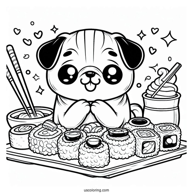Kawaii Pug Coloring Page and Sushi Platter
